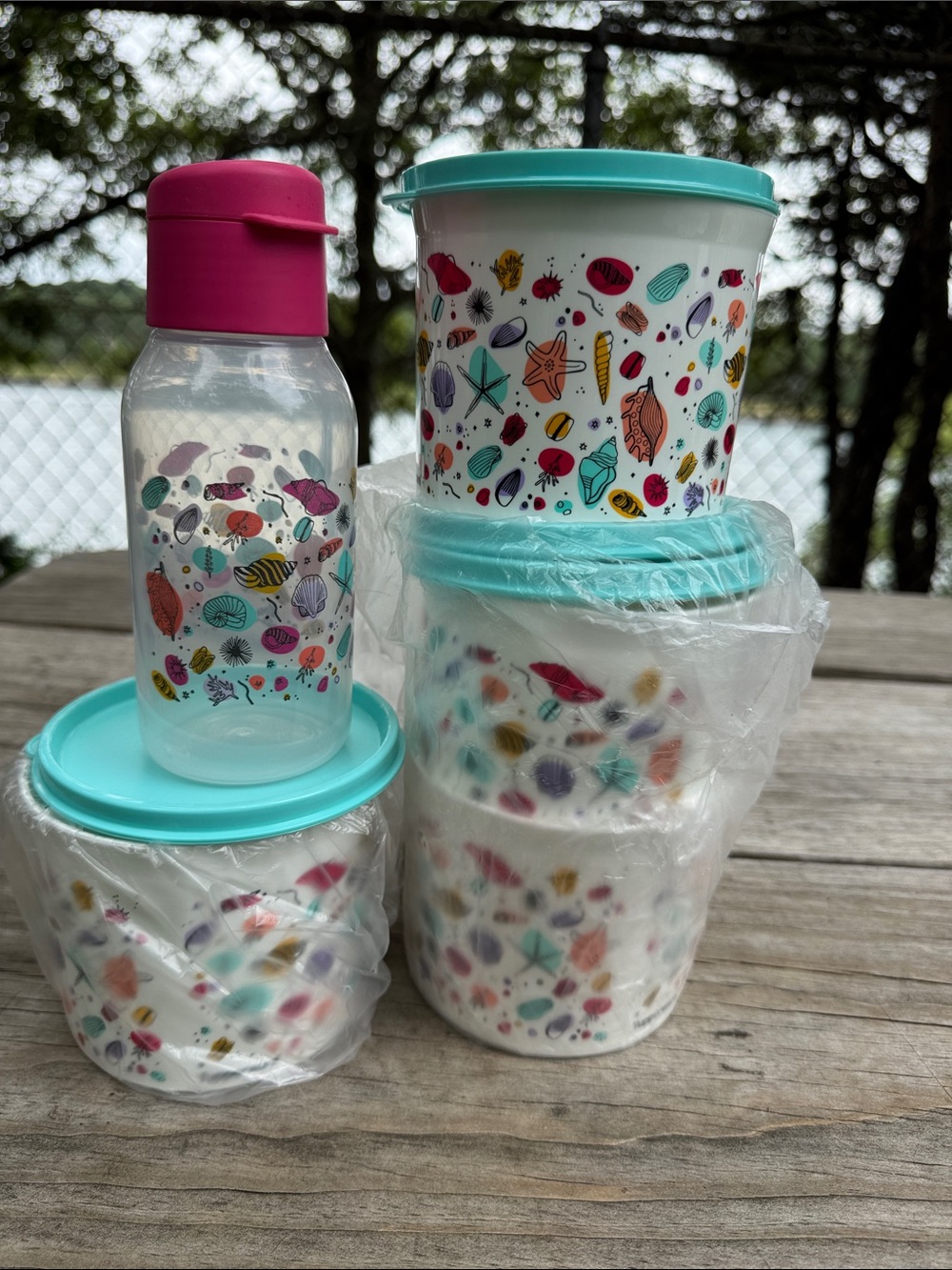 Tupperware Utopic Shore Canister Set with Pink Bottle Top and Aqua Lids